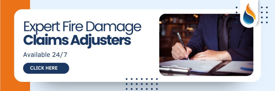 Banner featuring a person in a suit signing a document. Text reads: "Expert Fire Damage Claims Adjusters Available 24/7. Click Here.