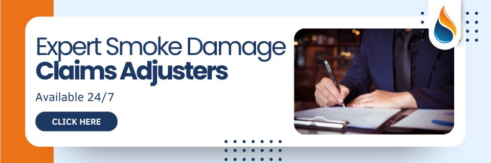 Banner for smoke damage claims adjusters service, showing a person in a suit writing on a document. Text reads: "Expert Smoke Damage Claims Adjusters Available 24/7.