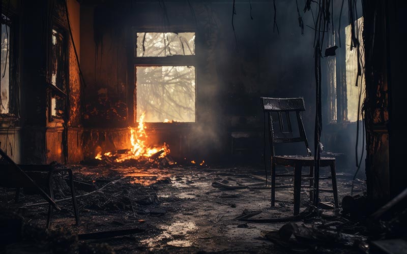 A charred, abandoned room with a broken chair and burnt debris. Sunlight filters through a window, illuminating small fires and smoke in the background.