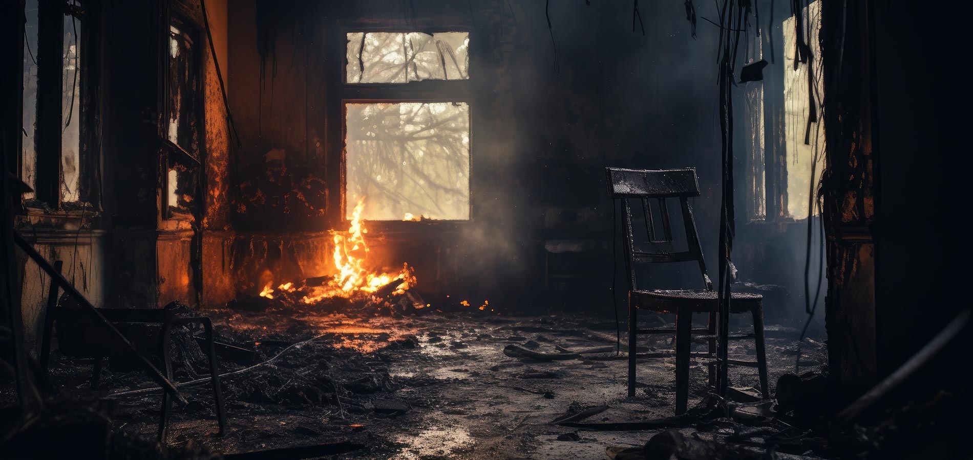 An abandoned, dark room with charred debris on the floor. A small fire burns near a window, and a lone chair is positioned to the right.
