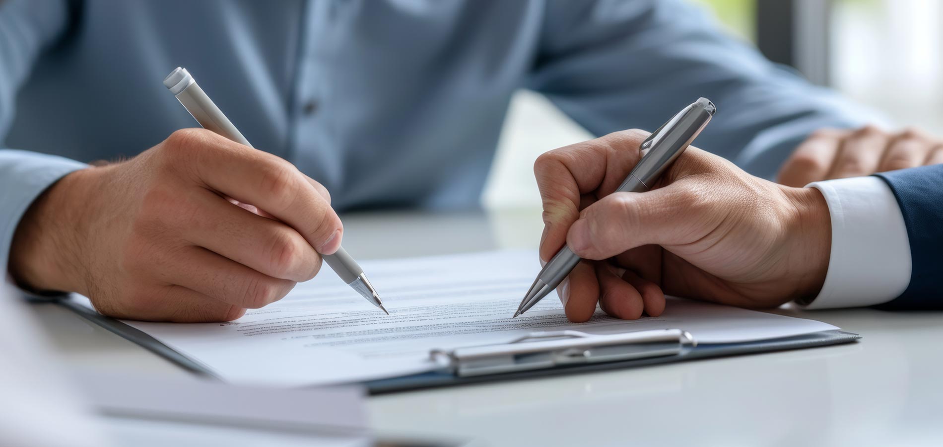 Two people signing a document at a table, each holding a pen. The focus is on their hands and the paperwork.