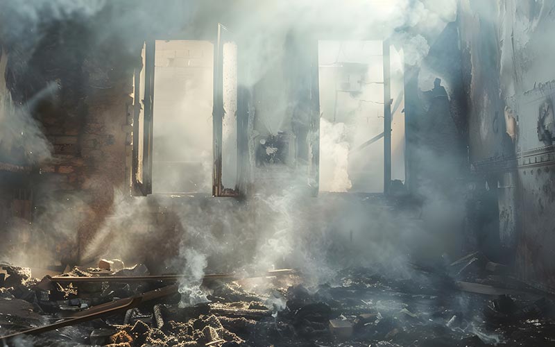 Smoke and debris fill a room with broken windows, indicating a recent fire. Sunlight filters through the haze, highlighting the damage.