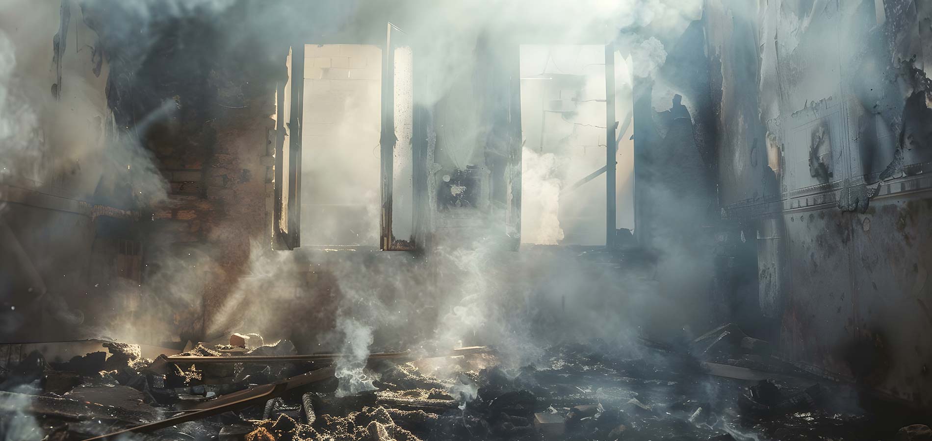 Smoke and debris fill a damaged room with broken windows, allowing sunlight to filter through.