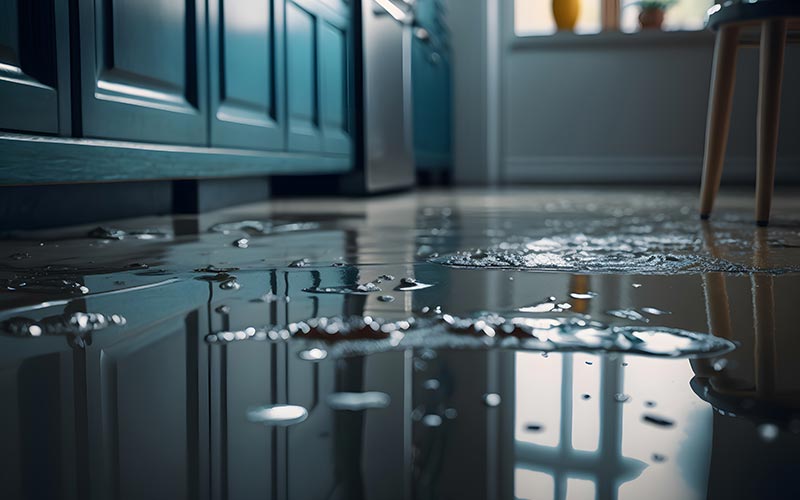 A kitchen floor is flooded with water, reflecting the light from a nearby window. Blue cabinets and a chair are partially visible.