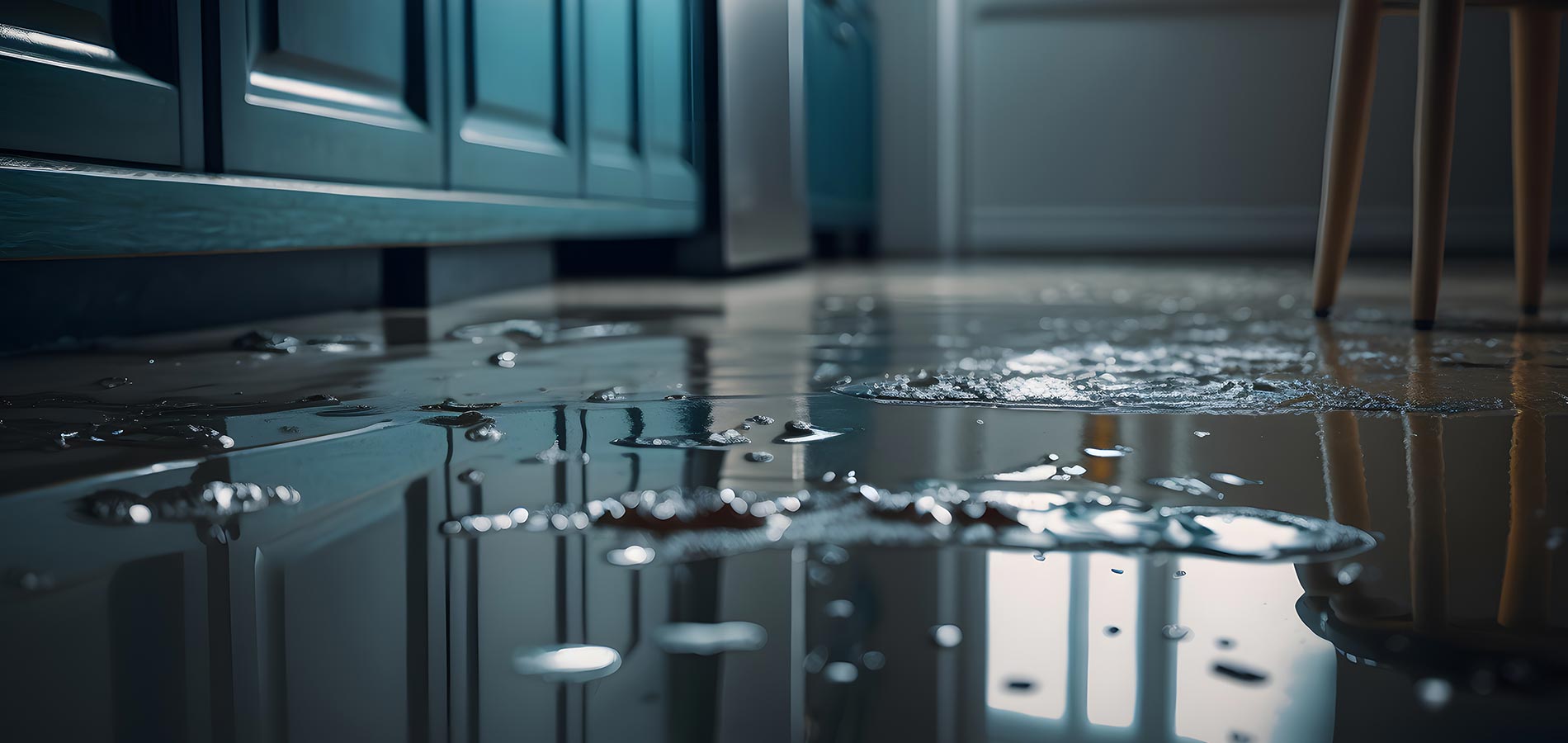 A kitchen floor is flooded with water, reflecting the cabinets. A wooden chair is visible, suggesting a leak or spill.