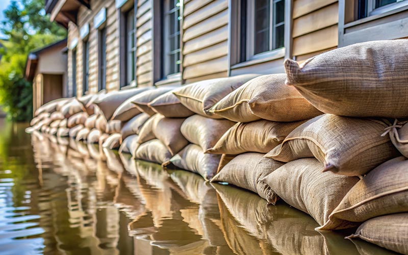 A row of sandbags is stacked against a building to protect it from rising floodwaters.