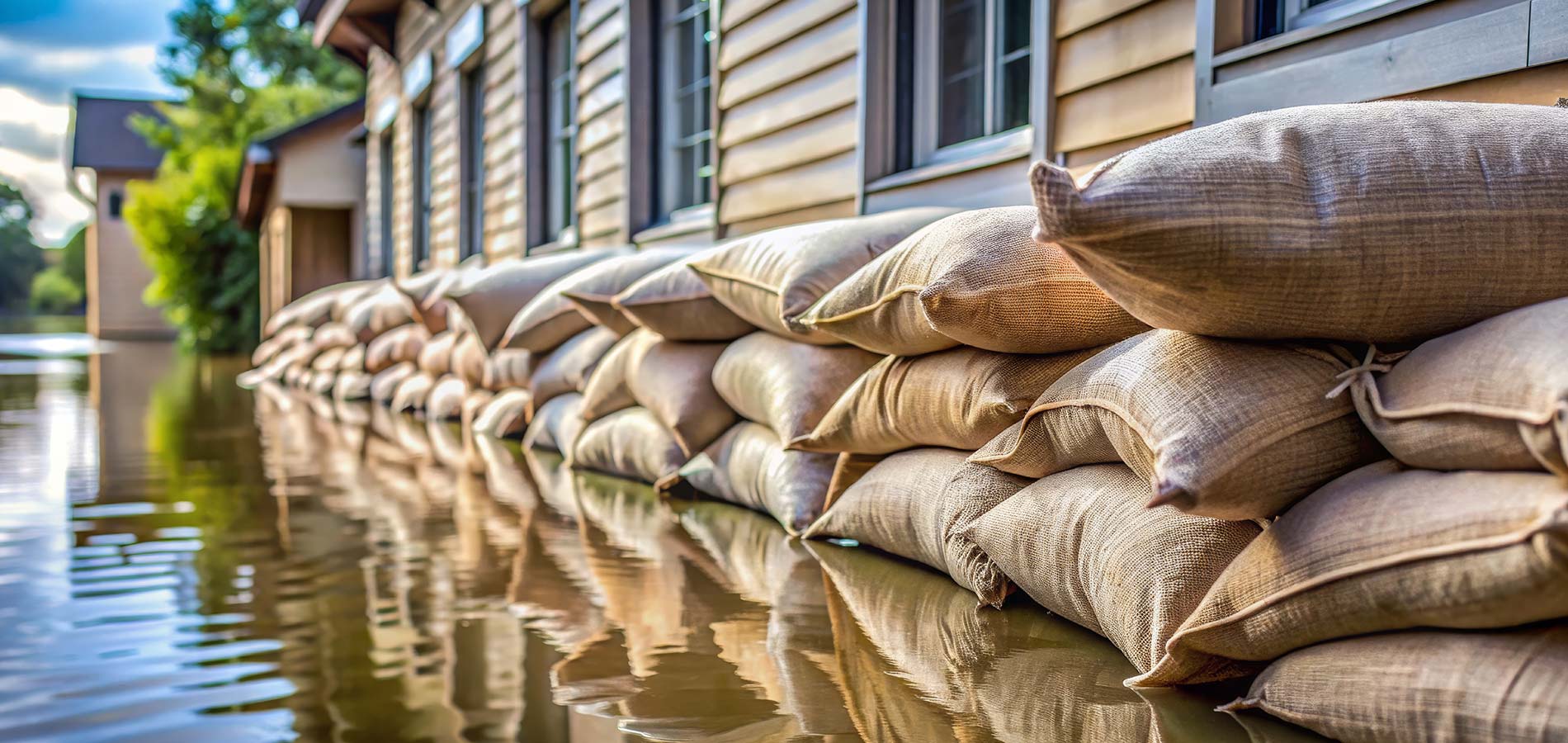 A row of sandbags is stacked against a building to prevent floodwater from entering, with rising water partially submerging the lower bags.